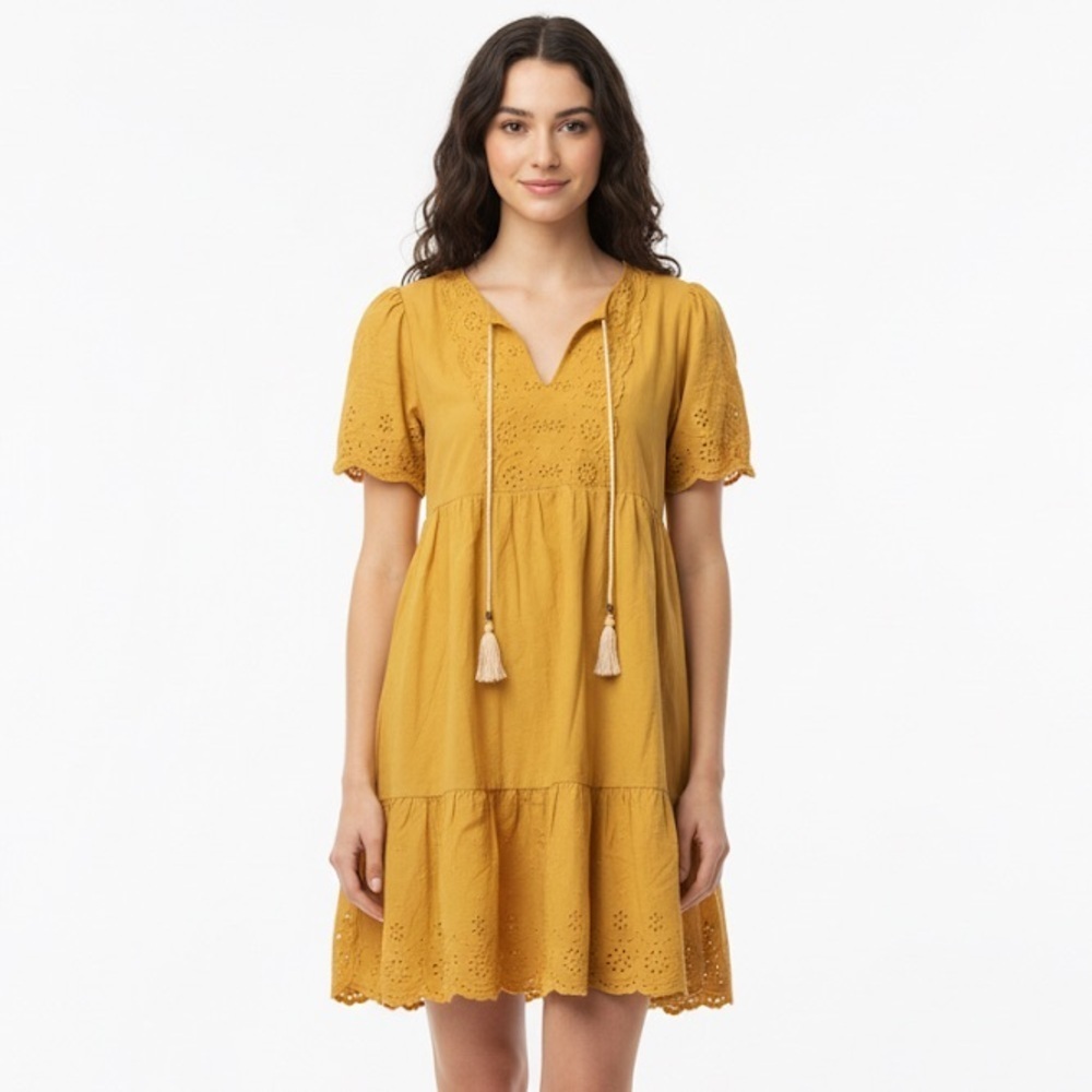 Knox Rose boho Mustard Eyelet Dress with tassels  size small